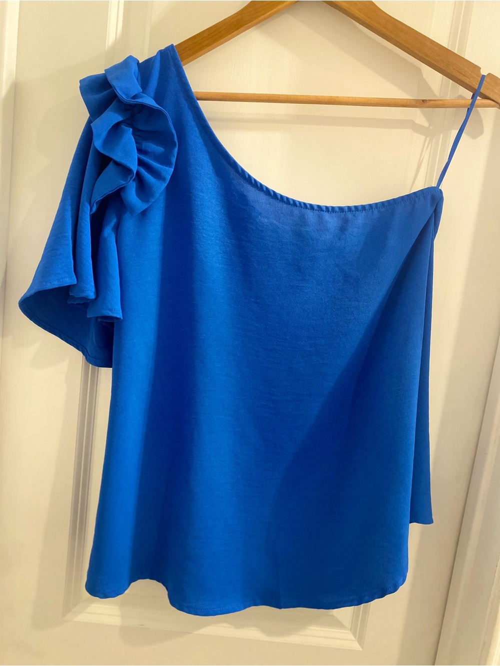 L Love Cobalt Blue One Shoulder Ruffle Blouse Size Medium
